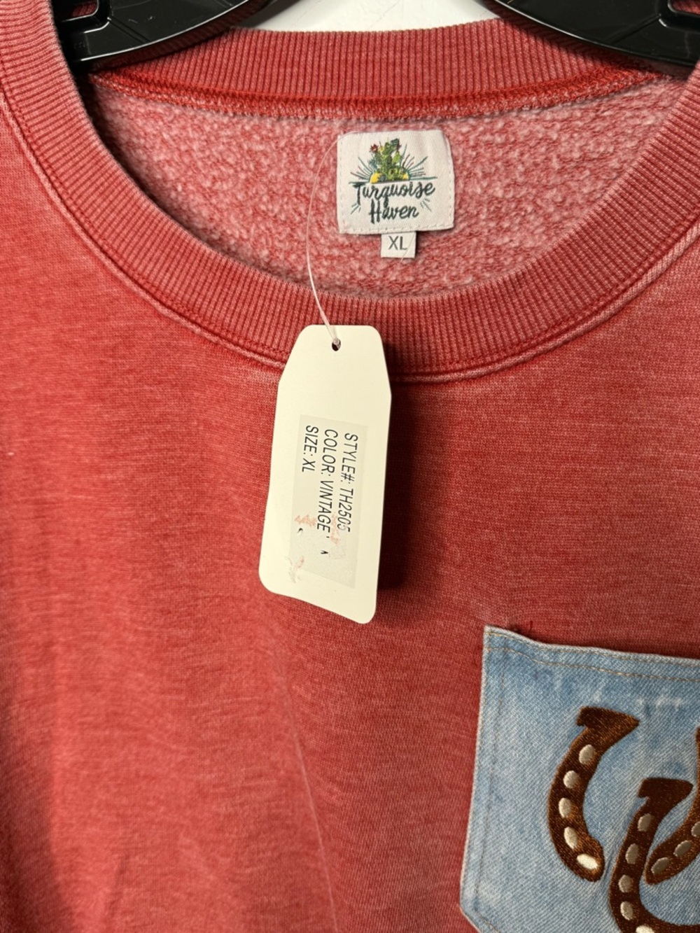 Women’s Washed Rust Pocket Sweatshirt with Horseshoe Detail - Picture 2 of 5